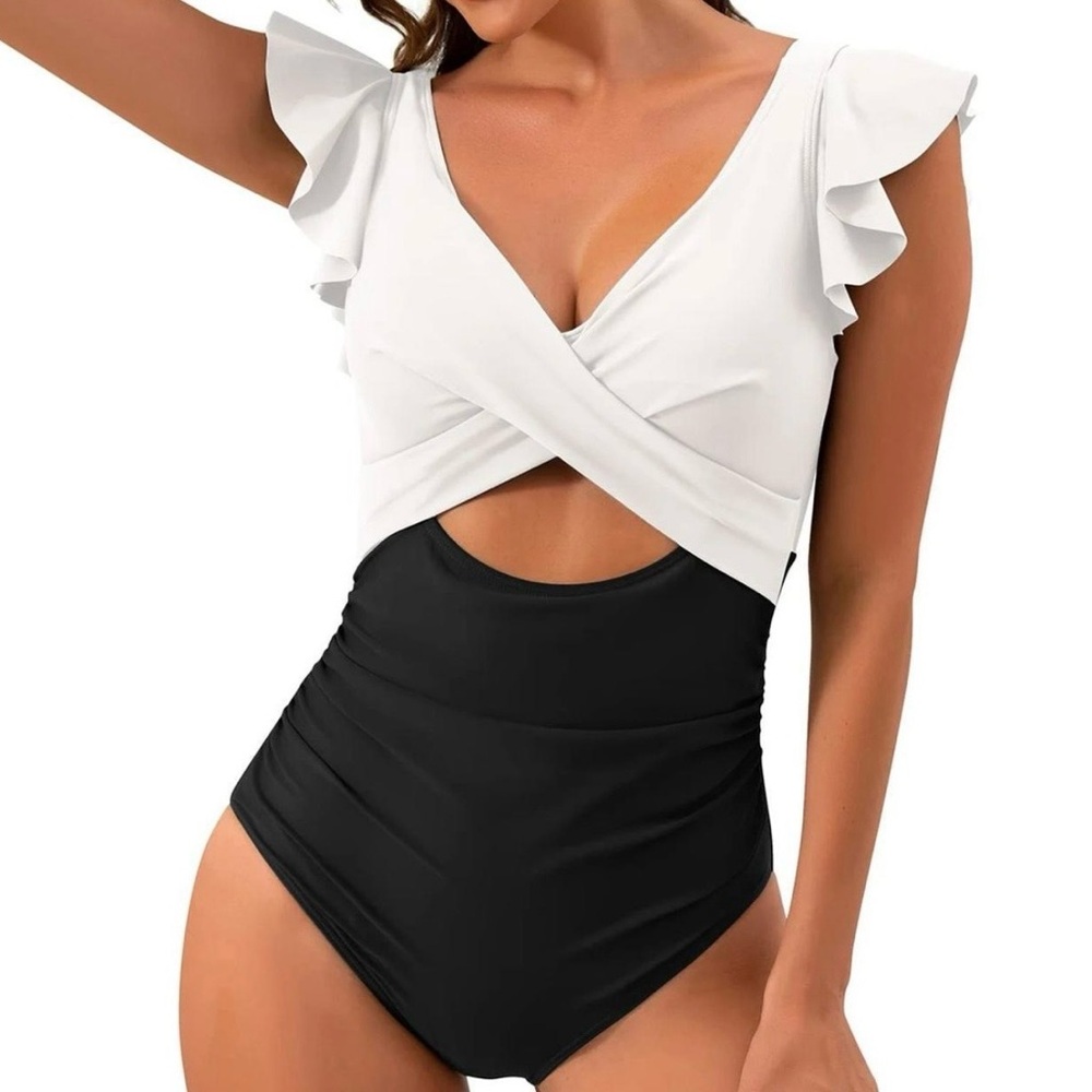 B2Prity Onepiece Swimsuit Sz M Ruffle Sleeves Cutout Textured Tummy Control